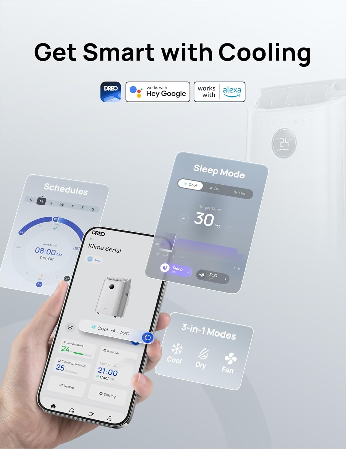 12000 BTU Smart Portable Air Conditioner with Wi-Fi, Dehumidifier, Fan, Voice Control & Remote