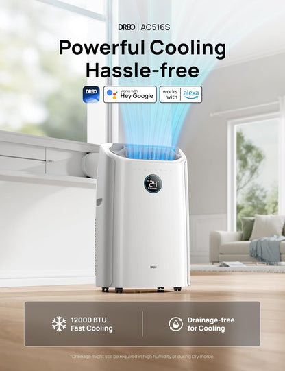 12000 BTU Smart Portable Air Conditioner with Wi-Fi, Dehumidifier, Fan, Voice Control & Remote