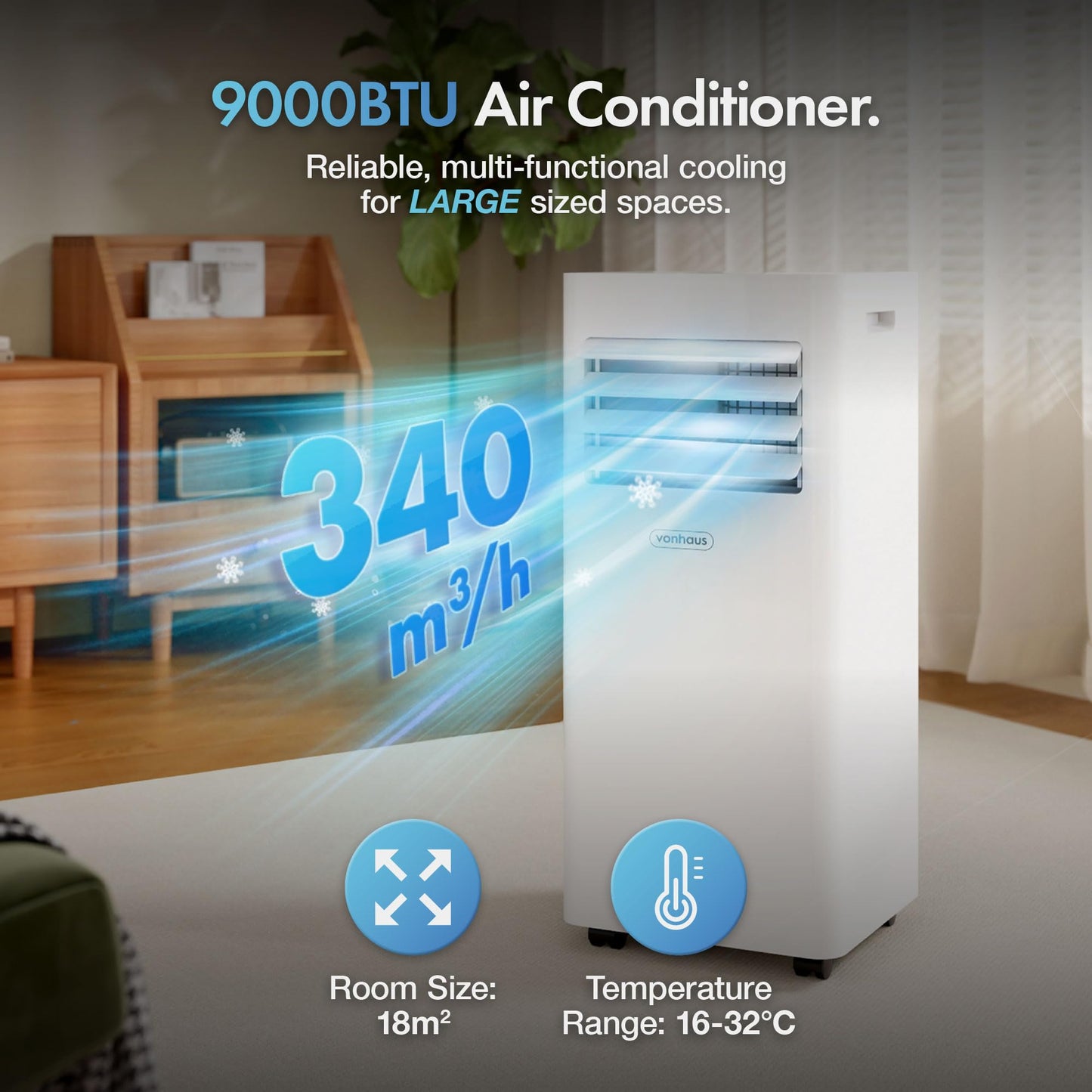 9000 BTU Portable Air Conditioner with Dehumidifier, Fan Mode, Remote Control & Window Vent Kit