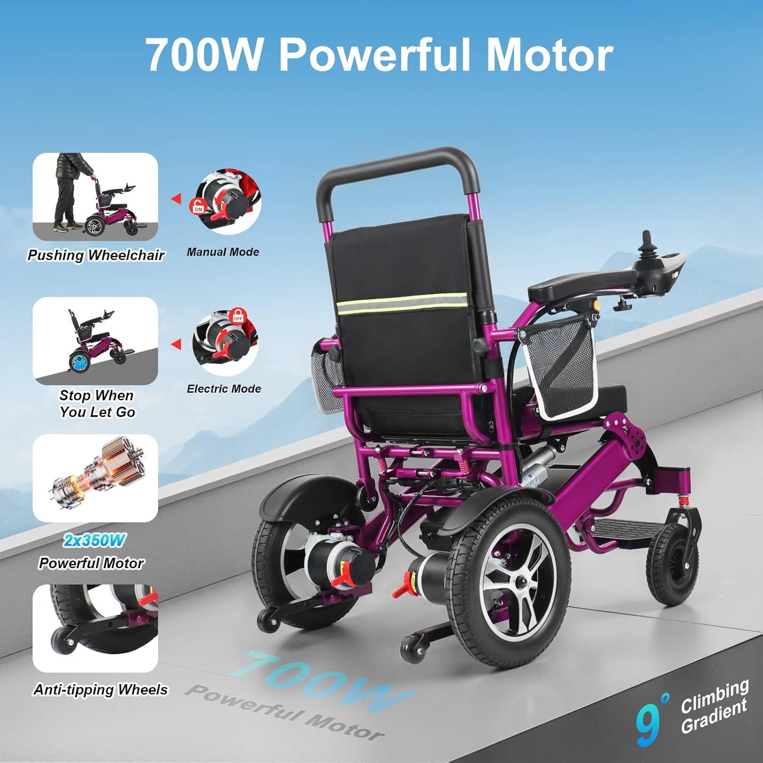 Portable Adult Electric Wheelchair,Intelligent Motorised Chair for Elderly,600W Powerful Motor,High-Performance Battery,Long Range,Aluminium Alloy Frame,120Kg Large Load,Quick Folding (Purple)
