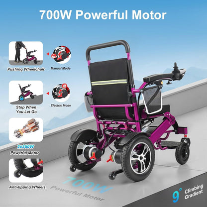 Portable Adult Electric Wheelchair,Intelligent Motorised Chair for Elderly,600W Powerful Motor,High-Performance Battery,Long Range,Aluminium Alloy Frame,120Kg Large Load,Quick Folding (Purple)