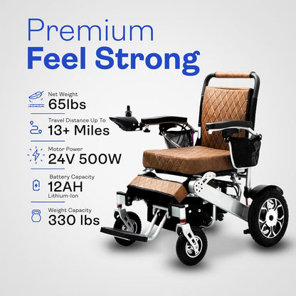 Alton Wolf Brown Leather Lightweight Foldable Electric Wheelchair, 2x250w Motor Electric Wheelchairs for Adults - Travel/user Friendly Electric Wheelchairs for Seniors, Long Range Motorized Wheelchair