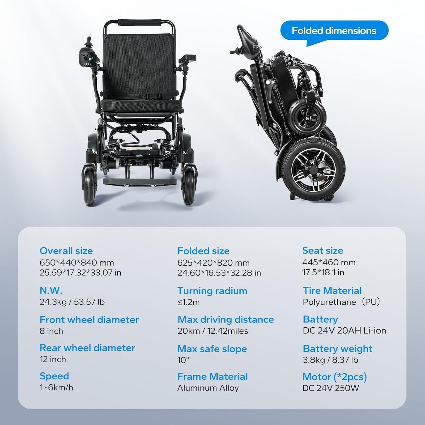 babaka Electric Wheelchair for Adults,Foldable Power Wheelchair for Adults,Dual Motors 500W, Portable Folding, Motorized Mobility for Seniors (12 inch Rear Wheels)