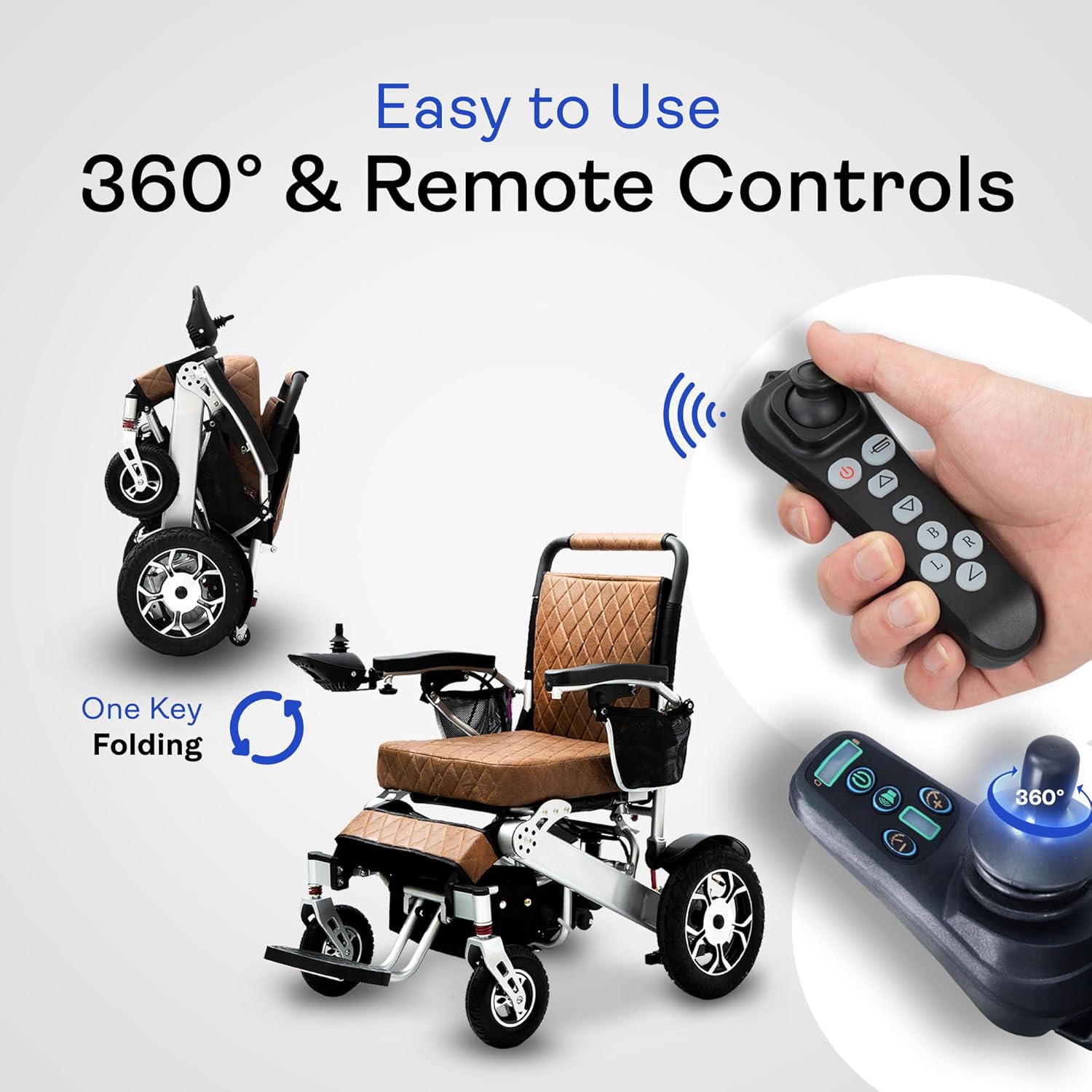 Alton Wolf Brown Leather Lightweight Foldable Electric Wheelchair, 2x250w Motor Electric Wheelchairs for Adults - Travel/user Friendly Electric Wheelchairs for Seniors, Long Range Motorized Wheelchair