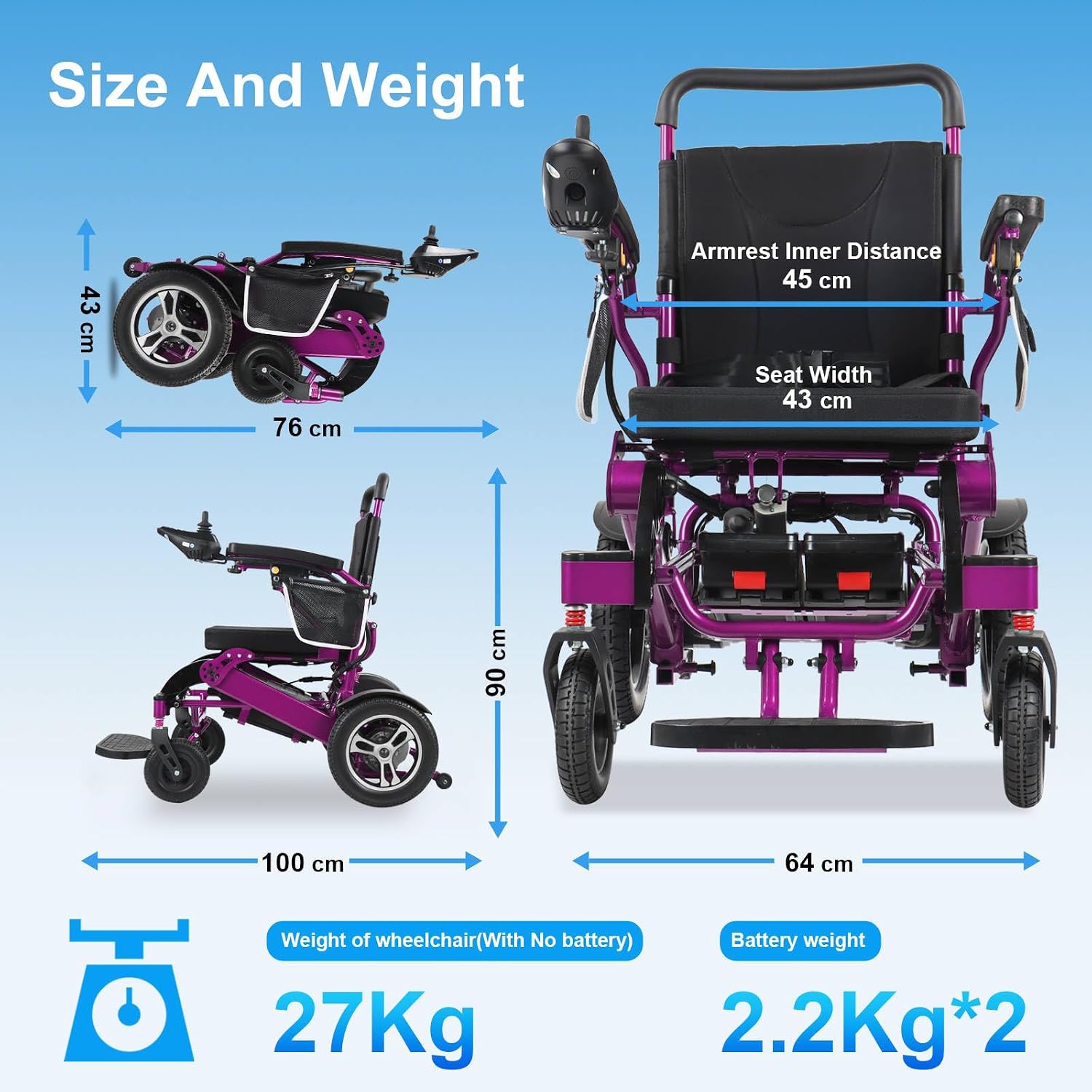 Portable Adult Electric Wheelchair,Intelligent Motorised Chair for Elderly,600W Powerful Motor,High-Performance Battery,Long Range,Aluminium Alloy Frame,120Kg Large Load,Quick Folding (Purple)