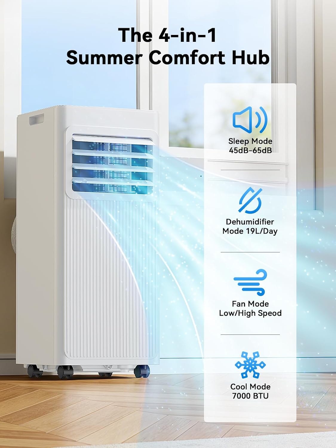 7000 BTU Portable Air Conditioner with Dehumidifier, Fan, Sleep Mode, Remote Control
