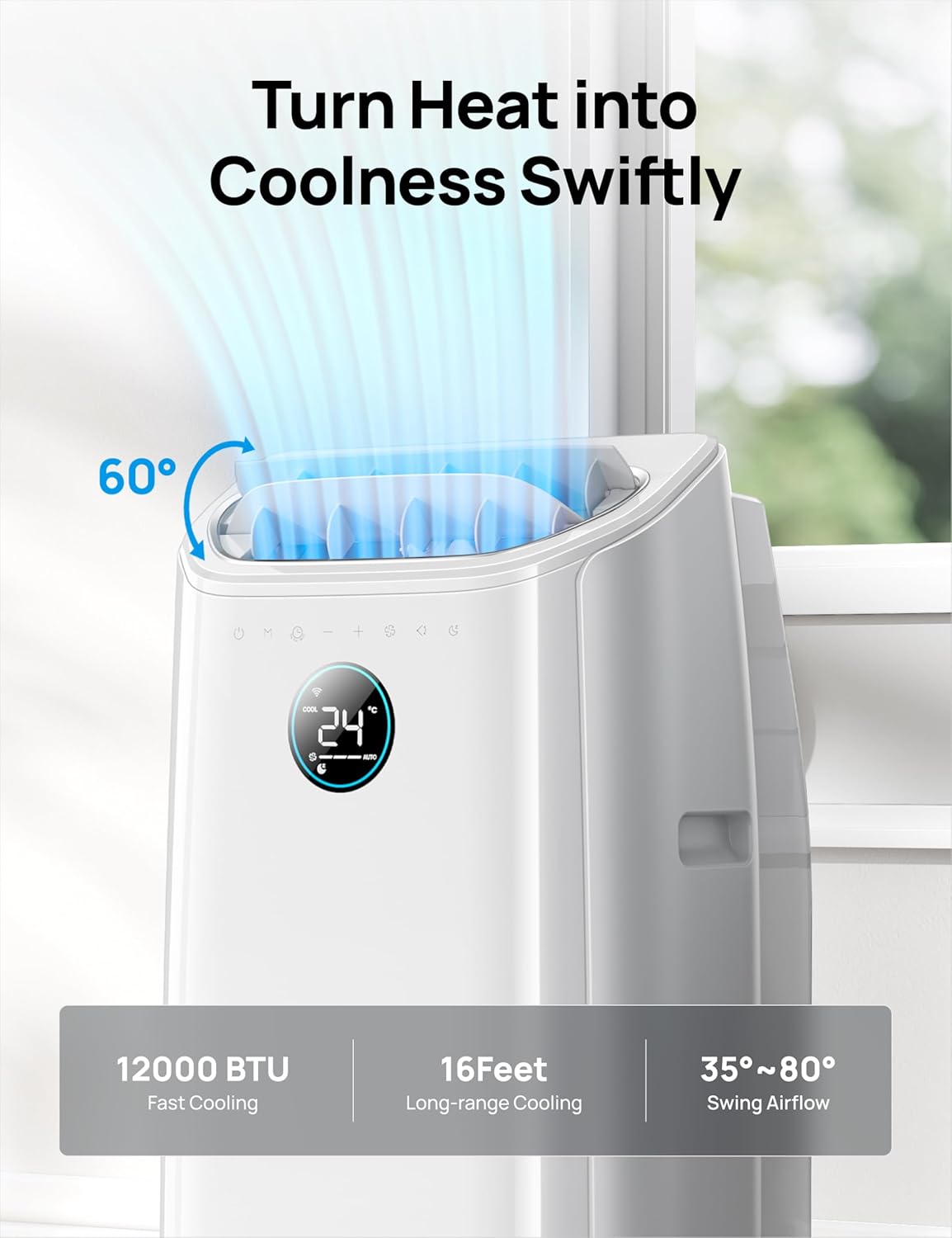 12000 BTU Smart Portable Air Conditioner with Wi-Fi, Dehumidifier, Fan, Voice Control & Remote