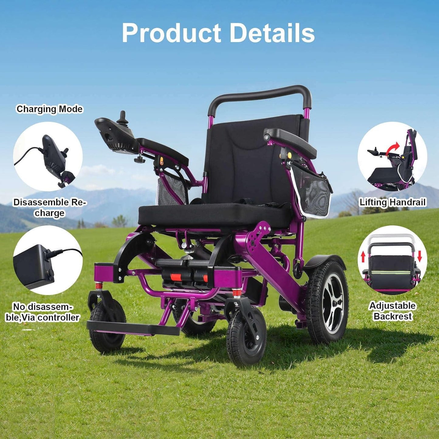 Portable Adult Electric Wheelchair,Intelligent Motorised Chair for Elderly,600W Powerful Motor,High-Performance Battery,Long Range,Aluminium Alloy Frame,120Kg Large Load,Quick Folding (Purple)
